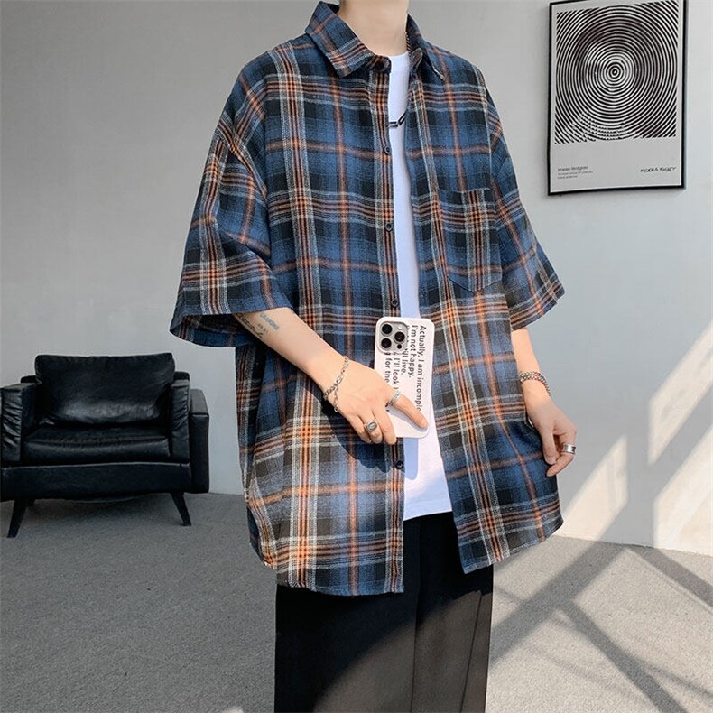 短袖衬衣男夏季新品港风宽松设计青年格子衬衫CS1902-P32，男装衬衫，星座214-3