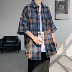 短袖衬衣男夏季新品港风宽松设计青年格子衬衫CS1902-P32，男装衬衫，星座214-3