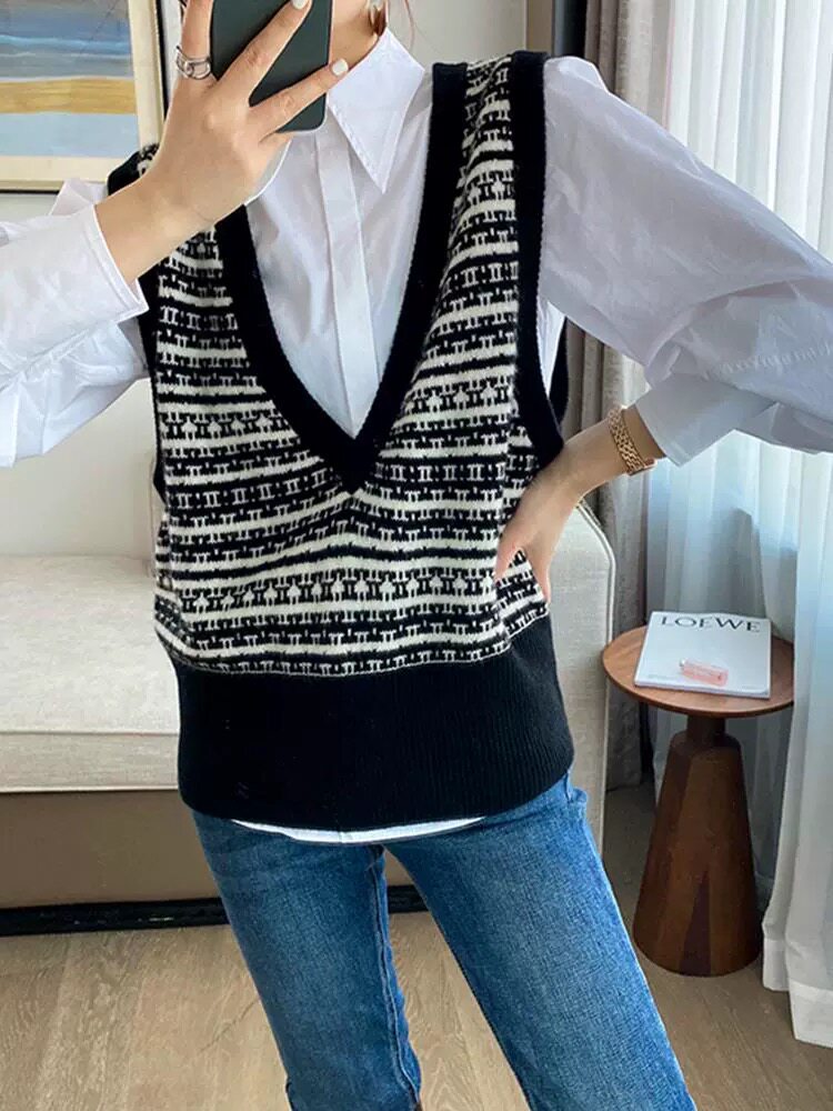 时尚V领宽松慵懒风拼色无袖毛衣背心女装针织马甲,女装马甲,昂家羊绒