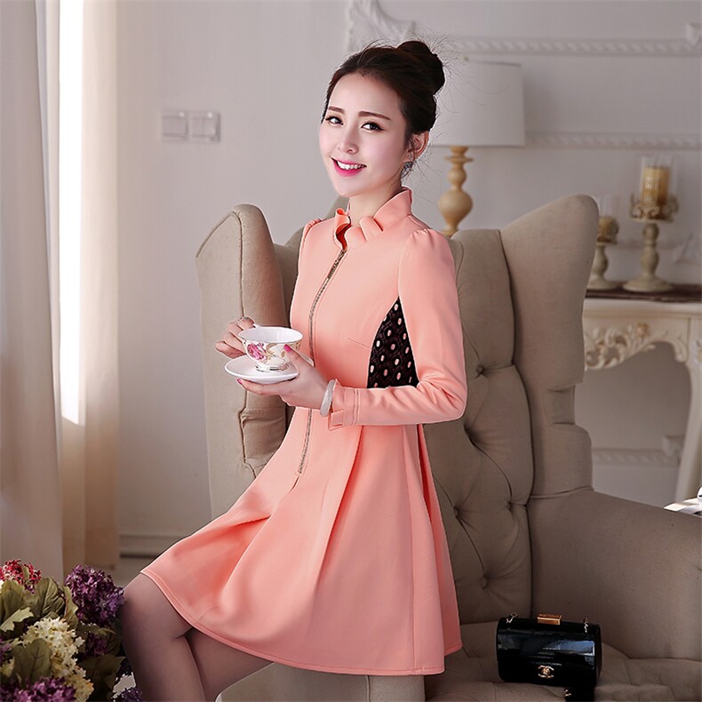 时尚红色长袖连衣裙修身显瘦波点拼接设计优雅气质女装,女装连衣裙,尚娜萱