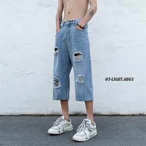夏季破洞美式高街牛仔七分8分裤货号QF28P45控价68图片