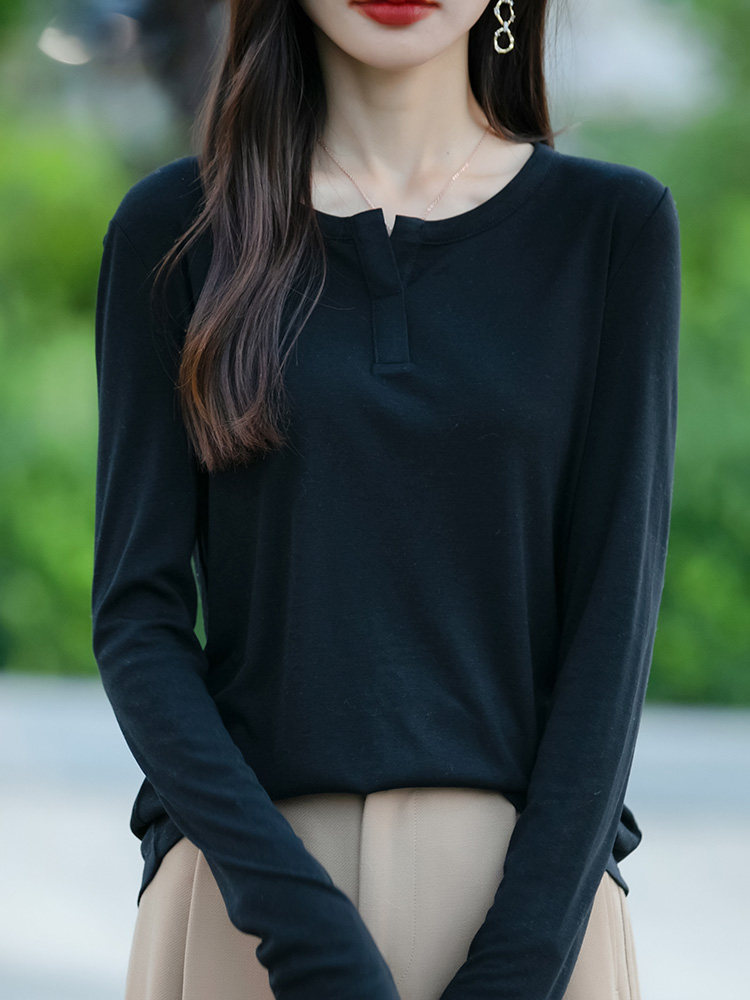 春秋半开领精纺羊毛针织衫女纯色薄款长袖毛衣宽松百搭打底衫上衣,女装T恤,佳绒包芯纱店