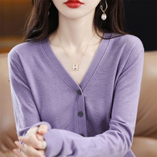 时尚百搭仿羊毛V领长袖针织衫显瘦修身女士开衫外套，女装针织衫/毛衣，大美人包芯纱店