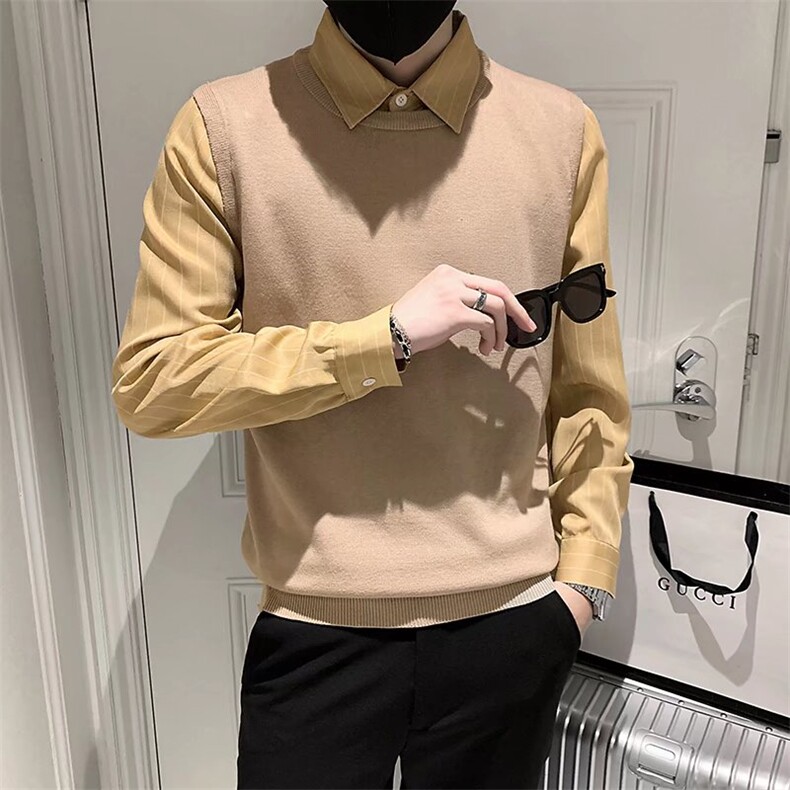 秋冬季假两件衬衫领毛衣男士英伦修身条纹针织打底衬衫潮Q111-P53，男装针织衫/毛衣，星座1116A-2（原606A-1）