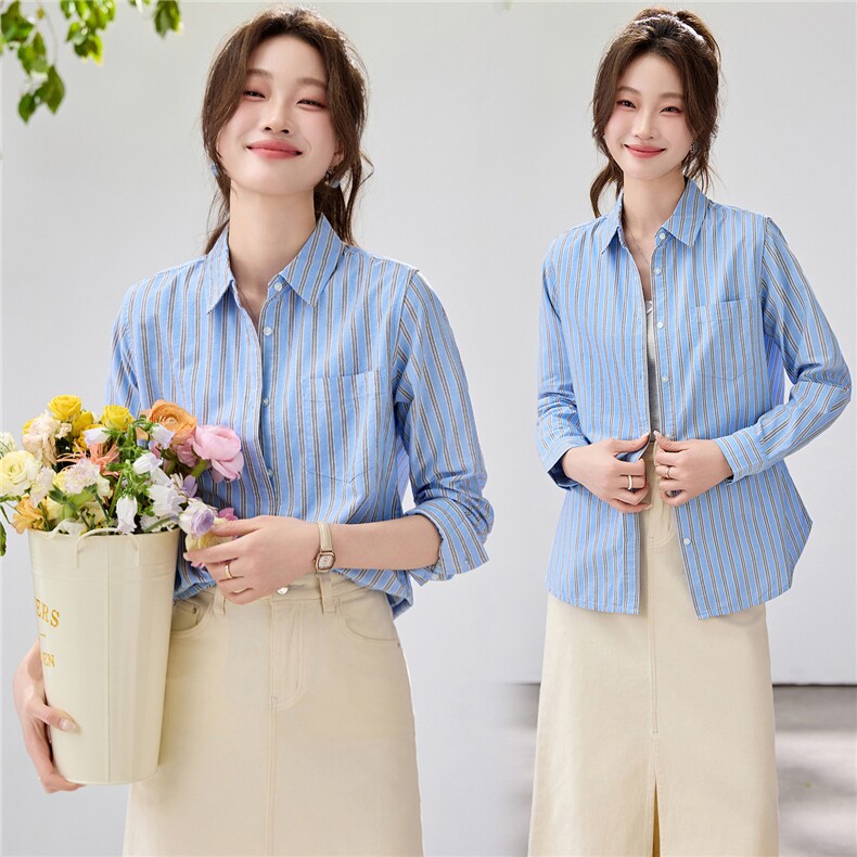 2026新款清爽复古竖条纹衬衫女春夏内搭叠穿神器休闲通勤百搭开衫，女装衬衫，艾米