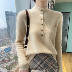 25秋冬新款100%纯羊毛衫女半高领系扣带兜套头毛衣羊绒针织打底衫图片