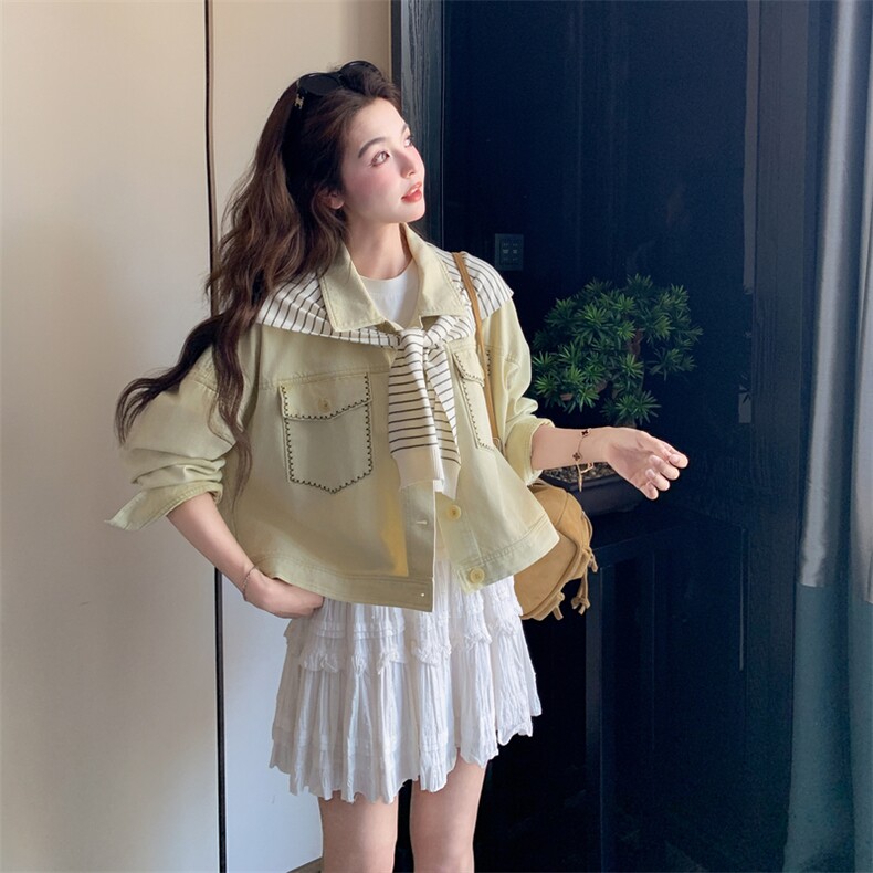 2B081-7706-p160-K238韩系条纹针织披肩长袖牛仔上衣2026春季新款,女装短外套,韩蜜菓