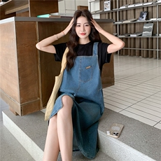 牛仔连衣裙女2025夏新款高级感时尚减龄气质显瘦拼接假两件背带裙，女装连衣裙，2C236