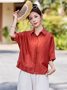 长期有货2026夏季新款提花衬衫女中老年妈妈装宽松天丝T恤上衣潮图片