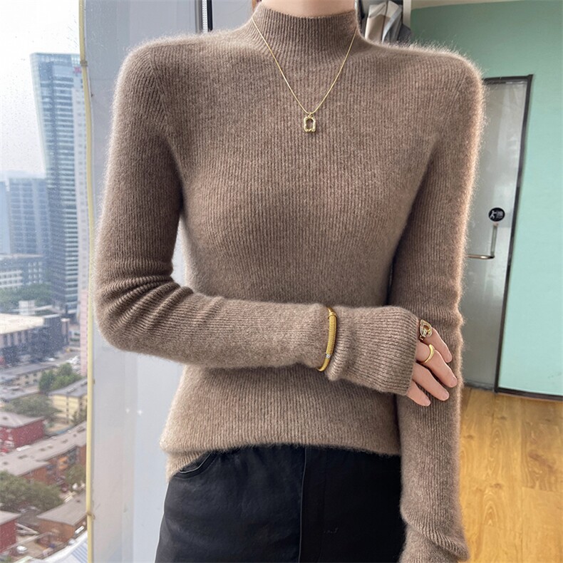 澳洲羊毛衫女套头半高领毛衣抽条修身洋气针织打底内搭,女装羊绒衫,美轩羊绒