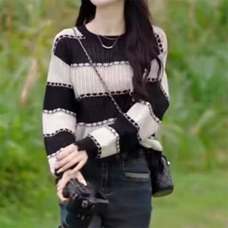 简约设计感经典撞色百搭长袖T恤,女装T恤,萱芳婷羊绒
