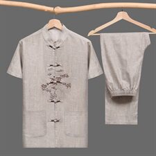 M-7XL夏季唐装套装中老年短袖薄款亚麻唐装男士大码套装001款，男装民族服装，星座802