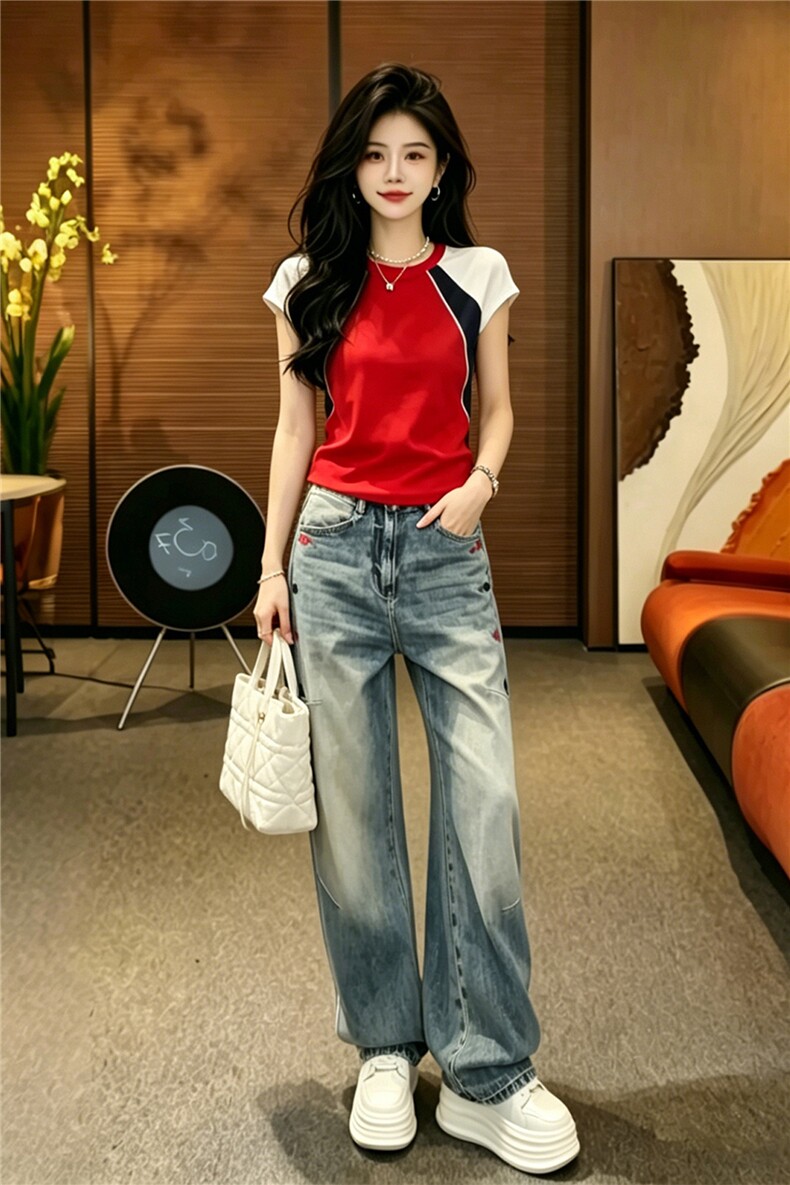 设计款时尚休闲套装女夏款简约百搭圆领短袖上衣阔腿牛仔裤两件套,女装套装/套裙,江南