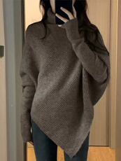 法式蝙蝠袖不规则针织衫女慵懒风早秋季韩系穿搭宽松套头毛衣上衣，女装针织衫/毛衣，半城羊绒