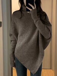 法式蝙蝠袖不规则针织衫女慵懒风早秋季韩系穿搭宽松套头毛衣上衣图片