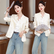 2026春季新款时尚新休闲气质显瘦百搭立领盘扣提花短外套，女装短外套，美沁