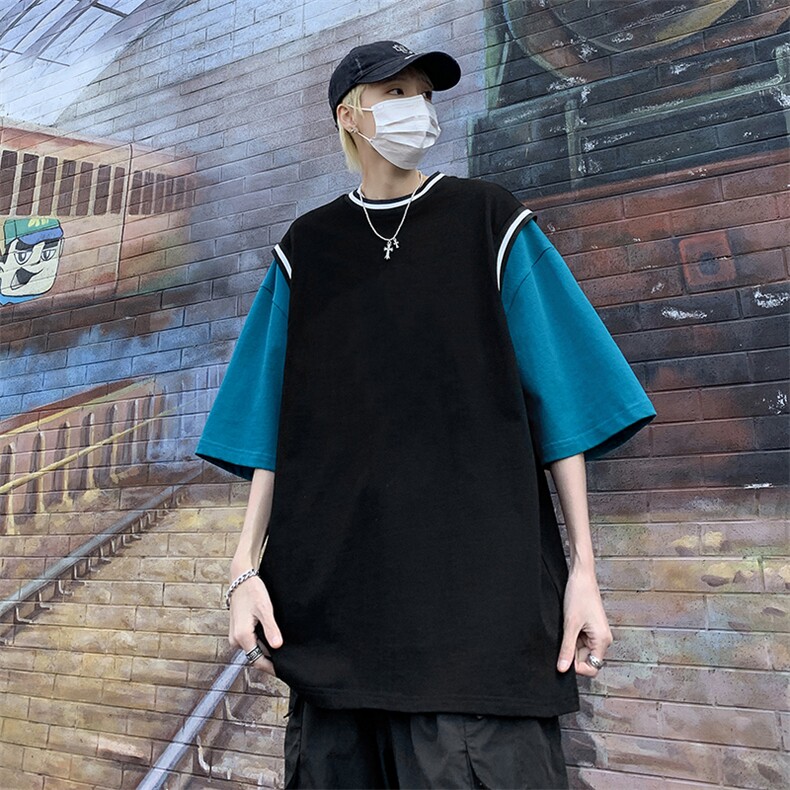 现货港风美式潮牌男大码拼接撞色潮短袖T恤男XT77092-P42,男装T恤,电商A042