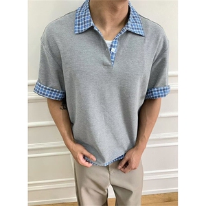 藏青色假两件拼接格纹POLO衫男夏季宽松休闲新款短袖t恤TS091