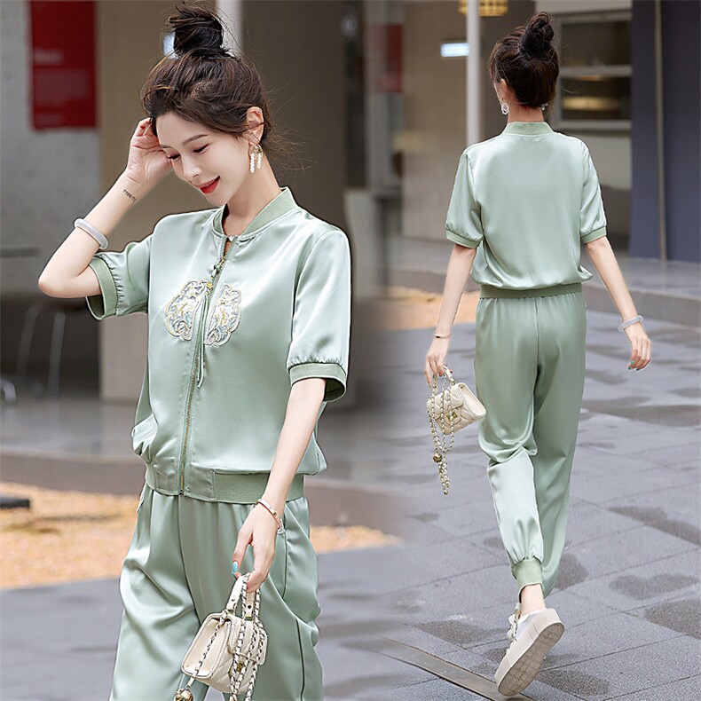 新中式国风刺绣休闲运动套装女2025夏季新款时尚棒球服短袖两件套,女装套装/套裙,半夏