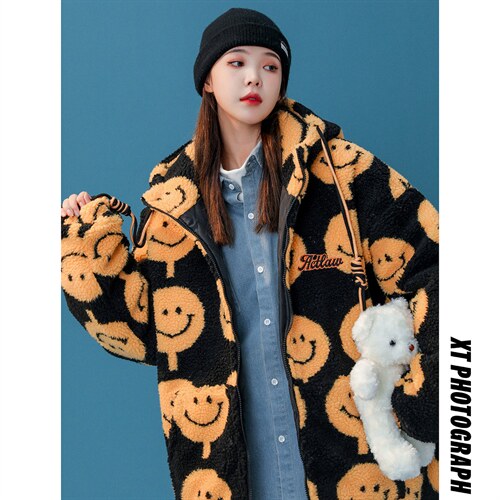 羊羔毛中性韩版笑脸加厚连帽棉衣棉服216-2-BK51-P128控158杏色，女装棉衣/棉服，星座716-1