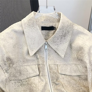 设计感扎染立领机车PU皮夹克男春秋韩版潮流饰垫肩外套W9330/P80图片