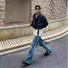 美式街头夏季破洞牛仔裤男女破坏宽松水洗直筒阔腿裤网图，男装牛仔裤，星座410-6（原星座1304-1）