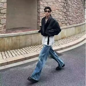 美式街头夏季破洞牛仔裤男女破坏宽松水洗直筒阔腿裤 网图图片