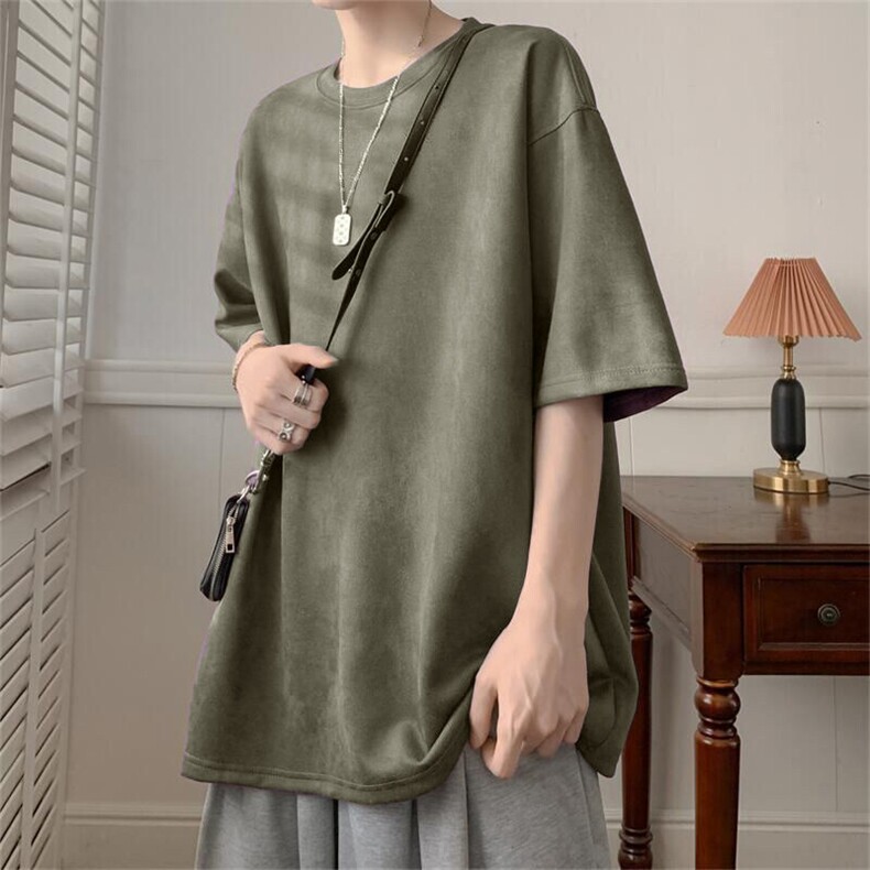 抖音得物直播高品质二开240克美式高街麂皮绒光版纯色短袖t恤12.5，男装T恤，电商A486