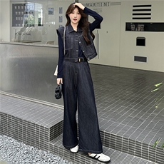 复古牛仔套装女2025秋季新款短袖马甲上衣阔腿长裤套装，女装套装/套裙，瑶迪依秀
