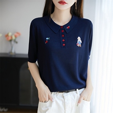 夏季莱赛尔天丝针织五分袖上衣女翻领刺绣纽扣短袖T恤宽松打底衫，女装针织衫/毛衣，郡淞羊绒