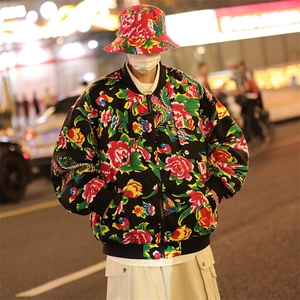JK000飞行夹克机车大码东北大花棒球领夹克衫开衫外套男女汉服潮,粉色的汉服搭配什么面纱图片