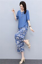 天丝牛仔套装女夏装2024年新款时尚女装休闲气质印花阔腿裤两件套，女装套装/套裙，魅影