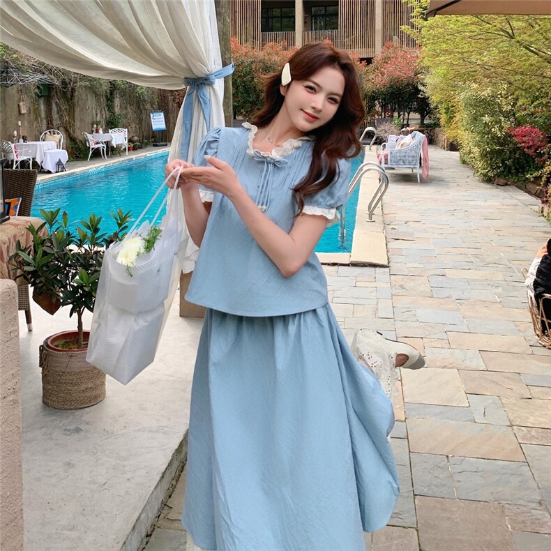 温柔系甜美减龄套装裙2025新款夏日超火蕾丝拼接小衫半身裙两件套,女装套装/套裙,2C057