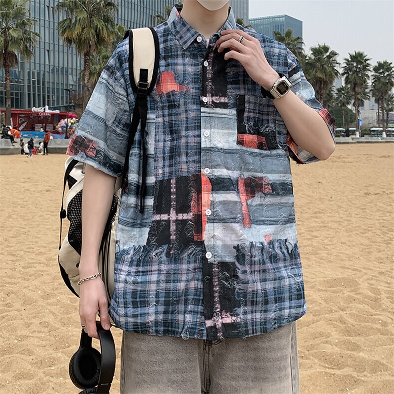 复古男款春秋夏季衬衫潮流宽松青年痞帅短袖破洞衬衣港风7224P45,男装衬衫,电商A056