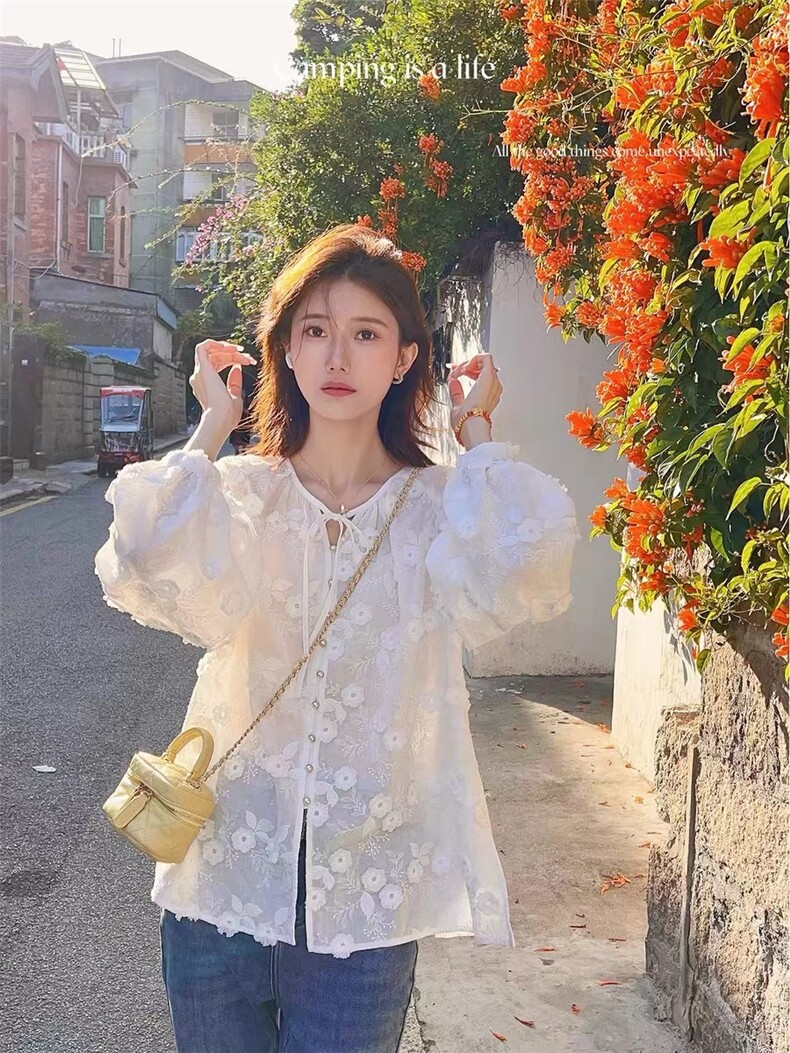 重工立体刺绣小衫女春夏2024年新款法式高级感纯棉长袖绑带白衬衫,女装衬衫,喜见多金