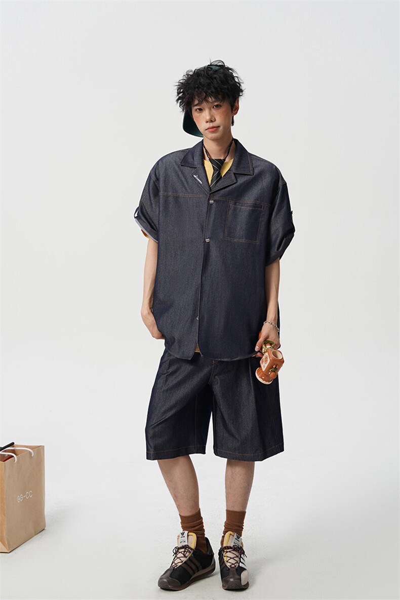 8XL-M夏季简约高级感冰丝牛仔古巴领男休闲痞帅宽松套装潮TZ109,男装休闲套装,电商D206-1