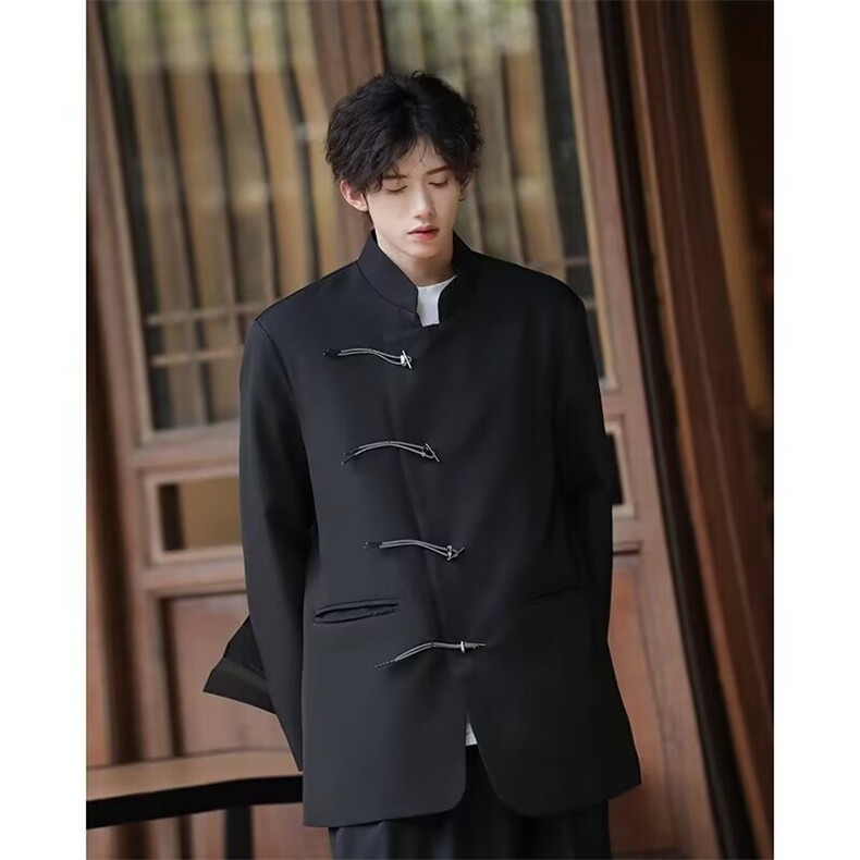 黑色立领中式西装风外套春秋长袖常规款潮无开衩宽松型青年，男装西服套装，星座601-1