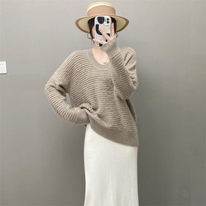 秋冬重磅加厚纯山羊绒衫女V领短款毛衣宽松针织立体毛圈打底上衣图片