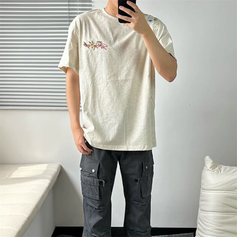 万针全刺绣工艺抖音得物高品质260克重磅纯棉双纱美式高街短袖T恤,男装T恤,电商A486