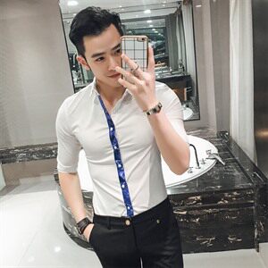 修身型 拼接 青年 青春流行 夏季 七分袖 气质 2021年 时尚 潮 尖领 衬衫图片