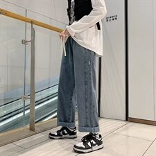 日系松紧腰抽绳束脚牛仔裤男高街潮牌直筒休闲九分裤子K3854-P42，男装牛仔裤，星座512-2