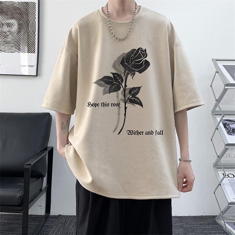 麂皮绒短袖男款t恤夏季薄款美式复古上衣服潮牌重磅圆领宽松半袖,男装T恤,电商A040