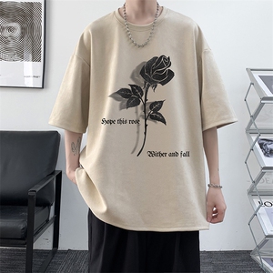 麂皮绒短袖男款t恤夏季薄款美式复古上衣服潮牌重磅圆领宽松半袖