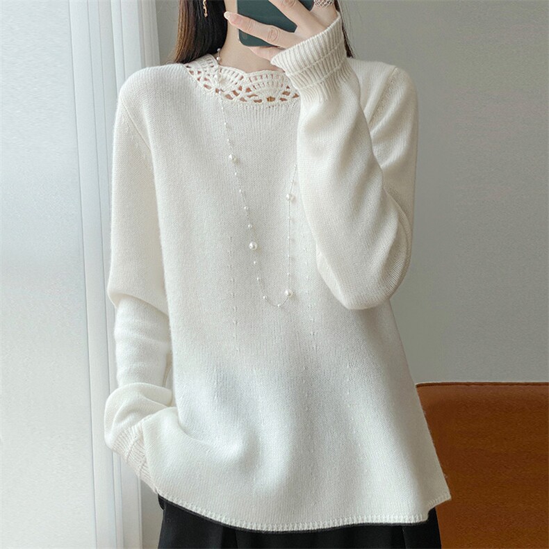 秋冬新款100%纯羊毛衫女花边圆领镂空钩花针织毛衣宽松羊绒衫打底，女装针织衫/毛衣，江南羊绒