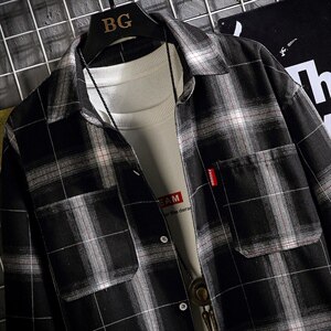 2021秋季新日系网格风大码男宽松休闲工装格子衬衫C3053-P40图片