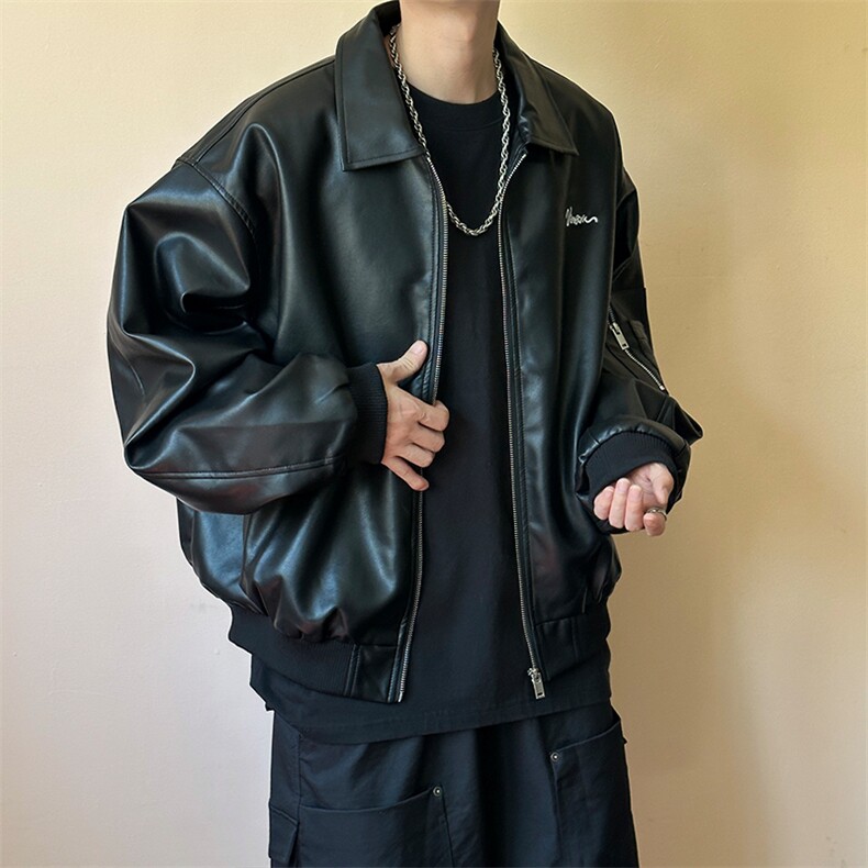 立秋现货新款痞帅短款绣花皮衣夹克男潮牌外套A351-AP2546-P105，男装皮衣，电商A351