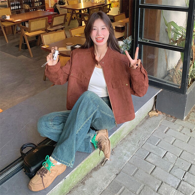 安可拉红麂皮绒立领外套女秋2025新款高级感美拉德小个子休闲夹克,女装短外套,浙宝212A