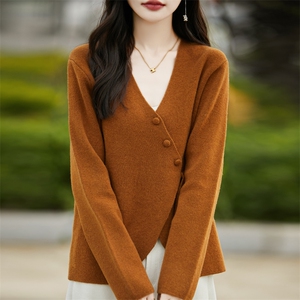 交叉V领100%羊毛开衫女长袖针织外套毛衣宽松羊绒衫系带外搭上衣图片