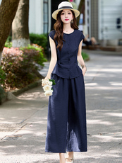 无袖上衣阔腿裤两件套装女夏季2025新款小个子休闲减龄穿搭一整套，女装套装/套裙，姿衣坊