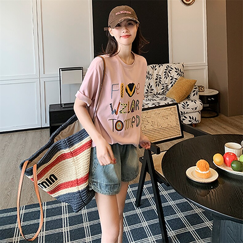 女夏季红时尚运动休闲套装字母印花圆领短袖宽松短裤两件套图片